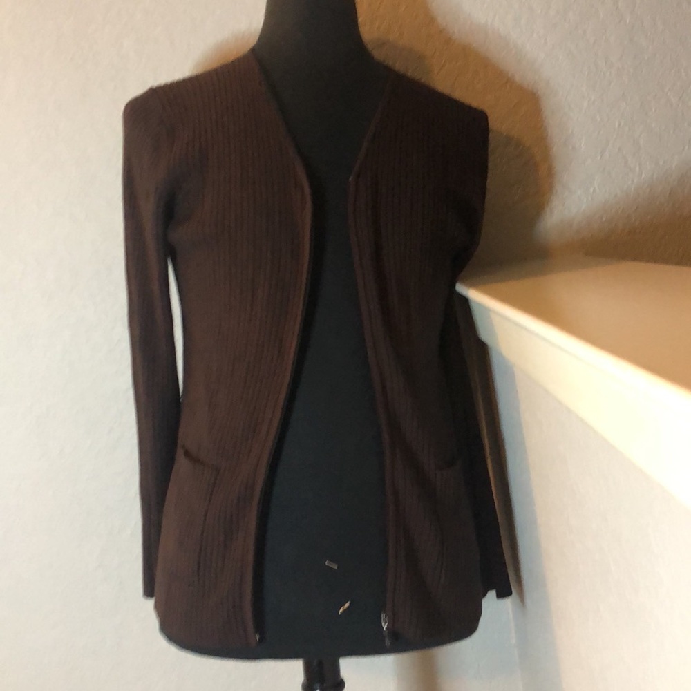 Rena Rowan LARGE chocolate brown ribbed long zipper sweater 2 front pockets